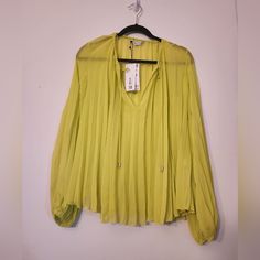 Sheer Pleated Green/Yellow Color New With Tags Yellow V-neck Blouse For Fall, Chic Mustard Tops For Spring, Zara Yellow Spring Blouse, Chic Yellow Fall Top, Yellow V-neck Blouse For Spring, Yellow Long Sleeve Tops For Spring, Chic Yellow Tops For Fall, Chic Yellow Zara Blouse, Chic Yellow V-neck Top