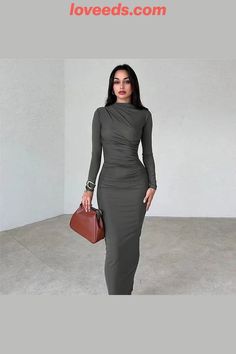 Fashionable round neck long sleeve slim fit hip-hugging solid color elegant dress Maxi Dress Elegant, Women Wedding Guest Dresses, Dress Elegant, Winter Dresses, Elegant Dress, Graduation Dress, Party Dress, Round Neck, Cocktail Dress