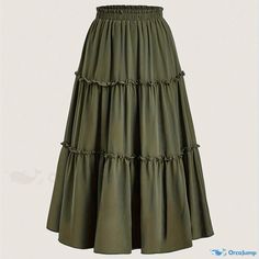 Orcajump - Solid Ruffle Hem Skirt, Elegant High Waist Midi Skirt, Women's Clothing High Waist Midi Skirt, Ruffle Hem Skirt, Skirt Elegant, Skirts Midi High Waisted, Hem Skirt, Skirt Women, Ruffle Hem, Olive Green, Midi Skirt