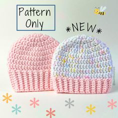 two crocheted hats with the words pattern only next to each other on them