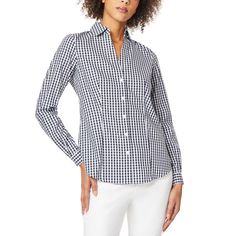 Gorgeous Gingham Adorns This Classic Collared Shirt By Jones New York, Style Meets Comfort Thanks To A Breathable Cotton Finish. Fitted; Hits At Hip; Approx. 27" Long Point Collar; Front Button Closures Front Darts Long Sleeves; Buttoned Cuffs All Cotton Machine Washable Imported Plaid Cotton Shirt For Office, Spring Office Plaid Shirt, Fitted Gingham Button-up Shirt, Plaid Top With Button Closure For Business Casual, Gingham Cotton Shirt For Work, Elegant Plaid Cotton Tops, Fitted Gingham Shirt With Spread Collar, Gingham Tops For Business Casual In Spring, Plaid Tops For Business Casual In Spring