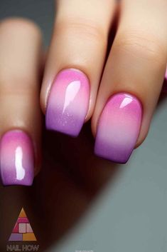 Vibrant pink to purple ombre summer nails with a shimmery, glittery effect. Achieve this eye-catching hot pink nail ideas summer look by following the step-by-step guides at nailhow.com. Lavender And Hot Pink Nails, Ombre Summer Nails, Purple Ombre Nails