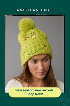 Soft fabric blend/Pom at top/Turn-up cuff Knit Beanie, Grinch, Cable Knit, Soft Fabric, Women's Jeans, Soft Fabrics, American Eagle Outfitters, American Eagle, Pom Pom