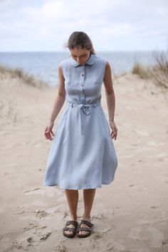 Wide skirt linen dress | Dress with Peter Pan collar | Bellow The Knees | Sleeve dress | Linen dress | Dress with belt | Button Down Dress Details: - Made of 100% natural washed and soft medium weight (205 g/m Oeko-Tex certified linen; - colour: Greyish Blue, but could be any from our 30 available colours (colour palette is below);  - pre washed linen fabric; - there is side zipper; - there's a belt; - with are two side pockets; - making time approx. 3-5 working days; - with aim to make more nat Fitted Linen Belted Shirt Dress, Collared Linen Belted Dress, Belted Linen Collared Dress, Linen Collared Dresses With Buttons, Collared Linen Dresses With Button Closure, Dress With Peter Pan Collar, Sea Clothes, Skirt Linen, Wide Skirt