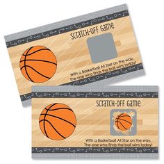 two basketball ticket cards with the words scratch off game on them and an image of a basketball