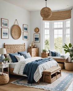 a bed room with a neatly made bed and baskets on the wall above it's headboard