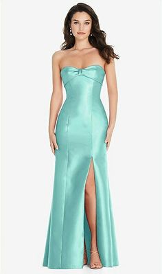 Bow Cuff Strapless Princess Waist Trumpet Bridesmaid Dress In Coastal | The Dessy Group Aqua Prom Dress, Summer Prom Dress, Silk Prom Dress, Prom Dress Inspo, Prom Inspiration, School Dance Dresses, Junior Prom, Strapless Prom Dress, Hourglass Silhouette