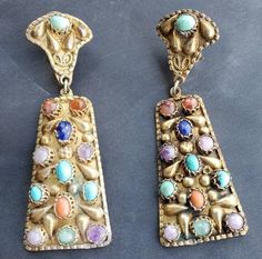 "This is a great vintage Gold with semi-precious stones Clip-on Earrings India Wedding. measures 2 3/4\" long X 1\" wide great vintage condition" Vintage Drop Earrings For Ceremonial Occasion, Vintage Ceremonial Drop Earrings, Antique Earrings With 17 Jewels For Ceremonial Occasions, Vintage Brass Earrings For Ceremonial Occasions, Vintage Multicolor Multi-stone Jewelry, Antique Gold Jeweled Earrings, Vintage Jeweled Multicolor Earrings, Vintage Multicolor Jeweled Earrings, Vintage Multicolor Brass Earrings