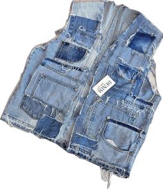 Patchwork Denim Jacket In Denim Blue, Denim Blue Jacket With Patchwork, Denim Blue Patchwork Denim Jacket, Denim Blue Denim Jacket With Patchwork, Blue Denim Vest With Pockets In Recycled Material, Blue Recycled Denim Vest With Pockets, Blue Patchwork Cutoff Jeans, Summer Patchwork Denim Vest, Summer Denim Patchwork Vest