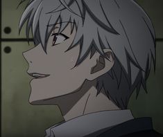 an anime character with grey hair and black eyes looking to his left, in front of a green wall