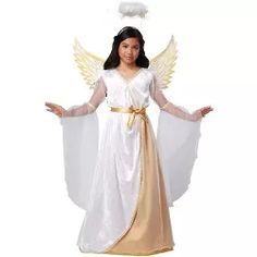 a woman dressed in an angel costume standing with her arms outstretched and hands out to the side