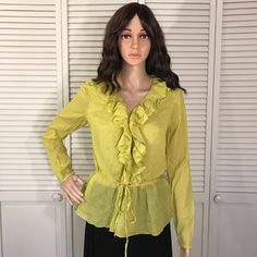 Nwt Libert By Emanuel Ungaro Ruffled Silk Blend Blouse 8 Vibrant Chartreuse Color - Yellow And Green Hook And Eye Closure Tie Waist Peplum Hem Long Sleeves Shell: Silk And Cotton Lining: Polyester Dry Clean Only It Has Three Small Holes On The Back Right Side Sleeves. Please Look At The Photos Carefully. Elegant Yellow V-neck Blouse, Yellow Ruffled Long Sleeve Tops, Yellow Long Sleeve Blouse With Ruffles, Yellow Ruffled Long Sleeve Blouse, Yellow V-neck Ruffle Blouse, Yellow Ruffled Blouse For Party, Fitted Yellow V-neck Blouse, Yellow Casual Party Blouse, Elegant Yellow Summer Blouse