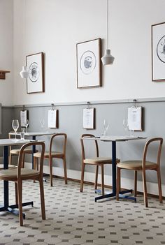 two pictures of tables and chairs in a restaurant, one is empty the other has no people