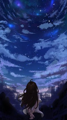 a girl looking up at the sky with stars above her head and buildings in the background