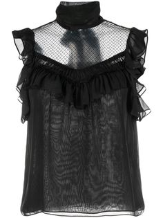 black silk chiffon ruffled detailing sheer panelling sleeveless high neck flared hem Black Sheer Silk Tops, Black Sheer Silk Blouse, Sheer Black Silk Blouse, Sheer Sleeveless Mesh Top For Evening, Black Silk Blouse With Sheer Sleeves, Sleeveless Mesh Top For Summer Evenings, Elegant Sleeveless Mesh Top For Evening, Black Silk Top With Ruffles, Black Tops With Ruffled Collar For Evening