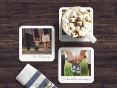 two coasters with pictures of people holding hands and one has a hot chocolate in it