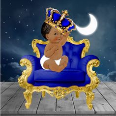 a baby sitting on top of a blue chair with a crown on it's head