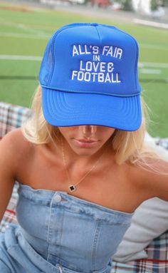 All is fair in love & football, right? This bright blue embroidered trucker hat is perfect for the football fan to rock on game day (and any other day)! 

ALL HATS ARE FINAL SALE! Cheap Trucker Hat For Sports Fans, Cheap Collegiate Trucker Hat For Sports, Blue Sporty Trucker Hat For Baseball Season, Blue Trucker Hat With Letter Print, Casual Blue Trucker Hat For Game Day, Sporty Blue Trucker Hat For Baseball Season, Blue Casual Trucker Hat For Fans, Casual Blue Trucker Hat For Fan Gear, Blue Sporty Trucker Hat For Game Day