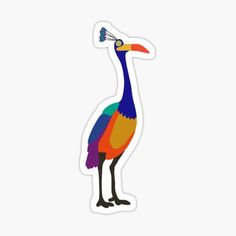 a colorful bird with a long neck sticker on it's head and legs