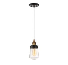 a small glass light fixture hanging from a black metal ceiling lamp with an open bulb