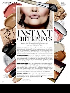 a magazine page with various cosmetics and makeup products on the cover, as well as an article