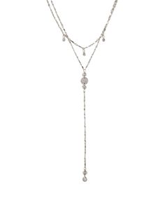 A dual chain lariat necklace that features cubic zirconia accents and dainty chain. Long Y Necklace, Silver Lariat Layered Necklace, Adjustable Lariat Layered Necklace, Elegant Adjustable Dangle Layered Necklace, Adjustable Silver Jewelry With Detachable Pendant, Adjustable Dangle Lariat Necklace With Chain, Adjustable Lariat Layered Necklace With Chain Detail, Adjustable Lariat Backdrop Necklace, Adjustable Silver Backdrop Necklace