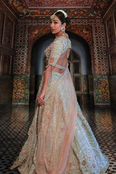 Deep Neck Blouse, Indian Bridal Couture, Blouse Yoke, Lengha Choli, Shades Of Peach, Embroidered Lehenga, Rose Gold Beads, Pistachio Green, Desi Fashion