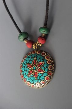 Boho Nepali Mosaic Tibetan Necklace for Women Indian Vintage | Etsy Nepali Unique Gold Necklace Desings, Bohemian Pendant Necklaces With Inlay, Bohemian Pendant Necklace With Inlay, Traditional Necklaces With Natural Stones And Round Pendant, Traditional Round Pendant Necklace With Natural Stones, Traditional Necklace With Natural Stones And Round Pendant, Handmade Turquoise Medallion Necklace For Gifts, Handmade Turquoise Medallion Necklace As Gift, Handmade Turquoise Medallion Necklace Gift