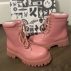 Brand New In Their Original Box And Packaging! Pink High-top Lace-up Boots For Winter, Trendy Pink Lace-up Boots, Koi Shoes, Pink Lace-up Platform Boots, Pink Lace-up Combat Boots, Pink Platform Ankle-high Boots, Women's Boots, Lace Up Boots, Koi