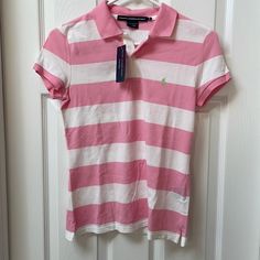 Ralph Lauren Sport Pink And White Striped Shirt Preppy Cotton Polo Shirt For Spring, Spring Preppy Fitted Polo Shirt, Fitted Preppy Polo Shirt For Spring, Spring Fitted Preppy Polo Shirt, Fitted Ralph Lauren Pink Top, Fitted Pink Ralph Lauren Top, Casual Pink Polo Shirt For Spring, Pink Ralph Lauren Cotton Tops, Spring Striped Ralph Lauren Top