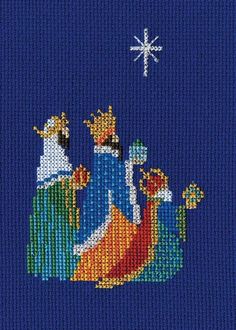 the birth of jesus is depicted in this cross - stitch pattern, which features three wise men