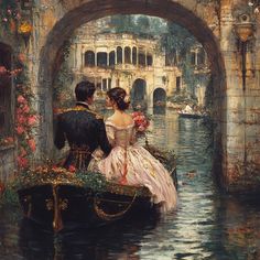 a painting of a man and woman in a boat on a river under an arch