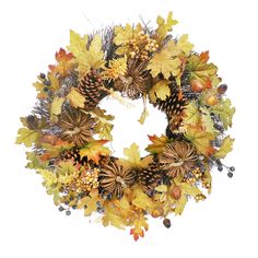 a wreath with pine cones, leaves and acorns