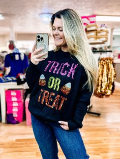 Trick or Treat Sequin Sweater-Sweaters-Dear Me Southern Boutique, located in DeRidder, Louisiana Ghosts And Goblins, Chic Skirt, Light Up The Night, Chic Skirts, Sequin Sweater, Black Halloween, Embroidered Sweater, Cozy Fits, Black Sweater