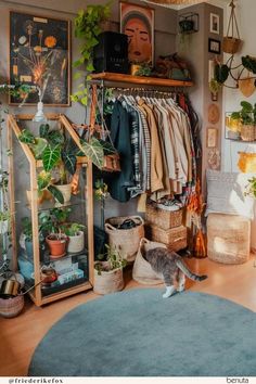 a room filled with lots of potted plants and hanging clothes on the wall next to a round rug