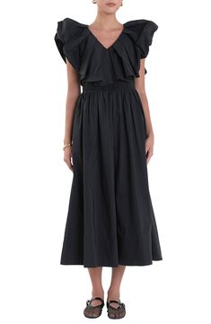 Eye-catching, voluminous ruffles give drama and height to the bodice of a striking dress with a twirly midi-length skirt. Hidden side-zip closure V-neck Extended shoulders Lined 65% cotton, 35% polyester Hand wash, dry flat Imported Voluminous A-line Dress With Ruffles, Asymmetrical Ruffled Midi Dress For Evening, Evening Chiffon Midi Dress With Ruffles, Evening Maxi Dress With Ruffles And Tiered Skirt, Chic A-line Maxi Dress With Ruffles, Evening A-line Midi Dress With Ruffles, Chic Midi Dress With Flowy Ruffle Hem, Chic Tiered Maxi Dress With Gathered Skirt, Chic Midi Dress With Ruffle Hem And Flowy Fit