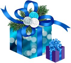 a christmas present with blue ribbon and decorations