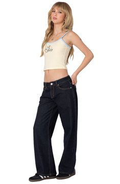 Low-slung jeans are crafted with puddling hems from nonstretch denim and turned to a dark-indigo wash. Zip fly with button closure Five-pocket style 100% cotton Machine wash, dry flat Imported Dark Wash Cotton Cropped Cutoff Jeans, Dark Wash Cotton Cutoff Cropped Jeans, Cotton Flare Jeans With Contrast Stitching, Cropped Leg, Casual High Rise Flare Jeans With Contrast Stitching, Spring Flare Jeans With Contrast Stitching, Dark Wash Cotton Flare Jeans With Contrast Stitching, Spring Flare Jeans In Dark Wash With Contrast Stitching, Spring Flare Jeans With Contrast Stitching In Dark Wash, Casual High Rise Cropped Jeans With Contrast Stitching