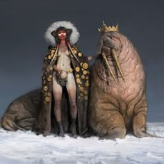 two people dressed in costumes sitting next to each other on snow covered ground with one person standing behind the creature