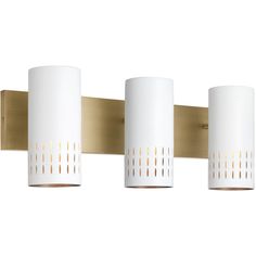 three light bathroom fixture with gold trim and white shades on the top half of it