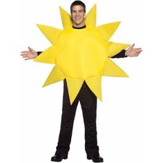 a man in a yellow sun costume with his hands out