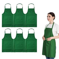 six green aprons with one woman wearing an apron