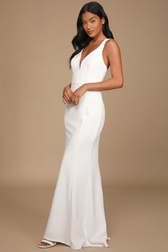 White Maxi Dress - Mermaid Maxi Dress - Sleeveless V-Neck Dress - Lulus Mermaid Maxi Skirt, Mermaid Maxi Dress, White Mermaid, Bodice Top, Lulus Dresses, Affordable Wedding Dresses, Sleeveless Gown, Posing Guide, Mermaid Gown