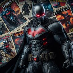 a batman figure standing in front of a bunch of comics