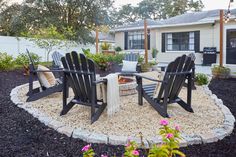 an outdoor fire pit with chairs around it