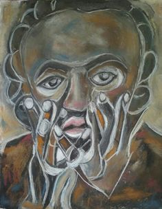 a painting of a man with his hands on his face