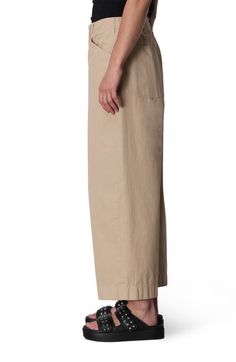 "Find RAG & BONE Banks Cotton Ankle Pants on Editorialist. Clean lines and sturdy cotton fabric enhance the utilitarian style of these cool workwear-inspired pants cut at an ankle-length. 26\" inseam; 21\" leg opening; 12\" front rise; 16 1/2\" back rise (size 8) Zip fly with button-tab closure Front slant pockets; back patch pockets 100% cotton Machine wash, tumble dry Imported" Beige Cotton Cropped Pants, Beige Cropped Cotton Pants, Khaki Cotton Wide Leg Pants For Fall, Fall Khaki Cotton Wide Leg Pants, Beige Cropped Leg Wide Pants In Cotton, Beige Cotton Cropped Wide Leg Pants, Beige Cropped Wide Leg Cotton Pants, Workwear Chinos With Pockets And Cropped Leg, Workwear Cropped Leg Chinos With Pockets