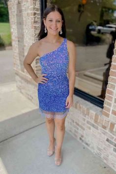 This tight purple short homecoming dress features one shoulder, sequins and fringe hem. *Shown Color: As pictured Please email me if you want any other colors. *Time: Processing Time + Shipping TimeProcessing Time: 10-15 days; Shipping Time: 3-5 days.If you need this product urgently, or have any questions,please contact our customer service through our live chat or email: contact@modcody.com *Size: Besides stand size 2-16, we still offer free custom size, which requires:Bust:___ inch/cmWaist:__ Prom Dress With Fringe For Prom Season, Fringe Dresses For Prom, Fitted Sequin Dress With Fringe For Prom, Sequin Dress With Rhinestone Fringe For Prom, Blue Fringe Dress For Night Out, Blue Fringe Dresses For Night Out, Blue One-shoulder Dress For Prom Party, Blue One Shoulder Dress For Prom Party, Blue One-shoulder Dress For Prom Season Party