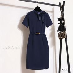 Lasaky - A Fashionable Dress with Waist Cinching Feature Ideal for Jewelers, Beauty Salons and Real Estate Sales Receptionists Elegant Navy Dress For Office, Elegant Navy Office Dress, Navy Short Sleeve Office Dress, Elegant Navy Short-sleeved Mini Dress, Elegant Navy Mini Dress With Short Sleeves, Elegant Navy Short Sleeve Mini Dress, Boutique Jewelry Store, Silk Dress Vintage, Fashionable Dress