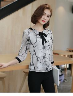 FREE SHIPPING Women Chiffon Blouse Printed OG0774 White Chiffon Top For Work, White Chiffon Top For Workwear, Casual Black Chiffon Top, Black Chiffon Office Tops, Black Chiffon Tops For Office, Fitted Chiffon Office Tops, Fitted Chiffon Tops For Office, White Chiffon Office Top, Spring Chiffon Office Tops